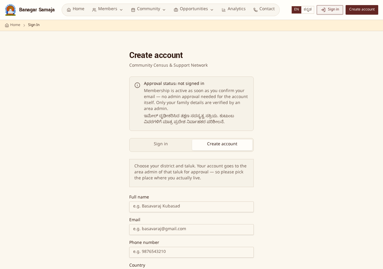 Create account page with district, taluk and area selection.