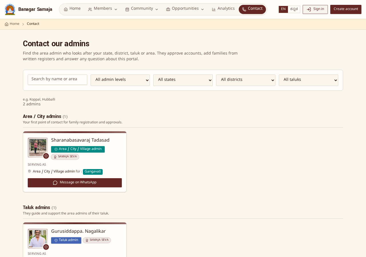 Contact page listing district, taluk and area admins.